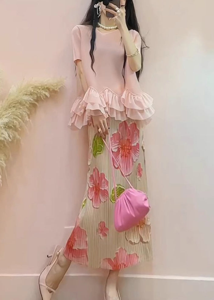 Bohemian Pink Ruffled Patchwork Jacquard Silk Two Pieces Set Summer