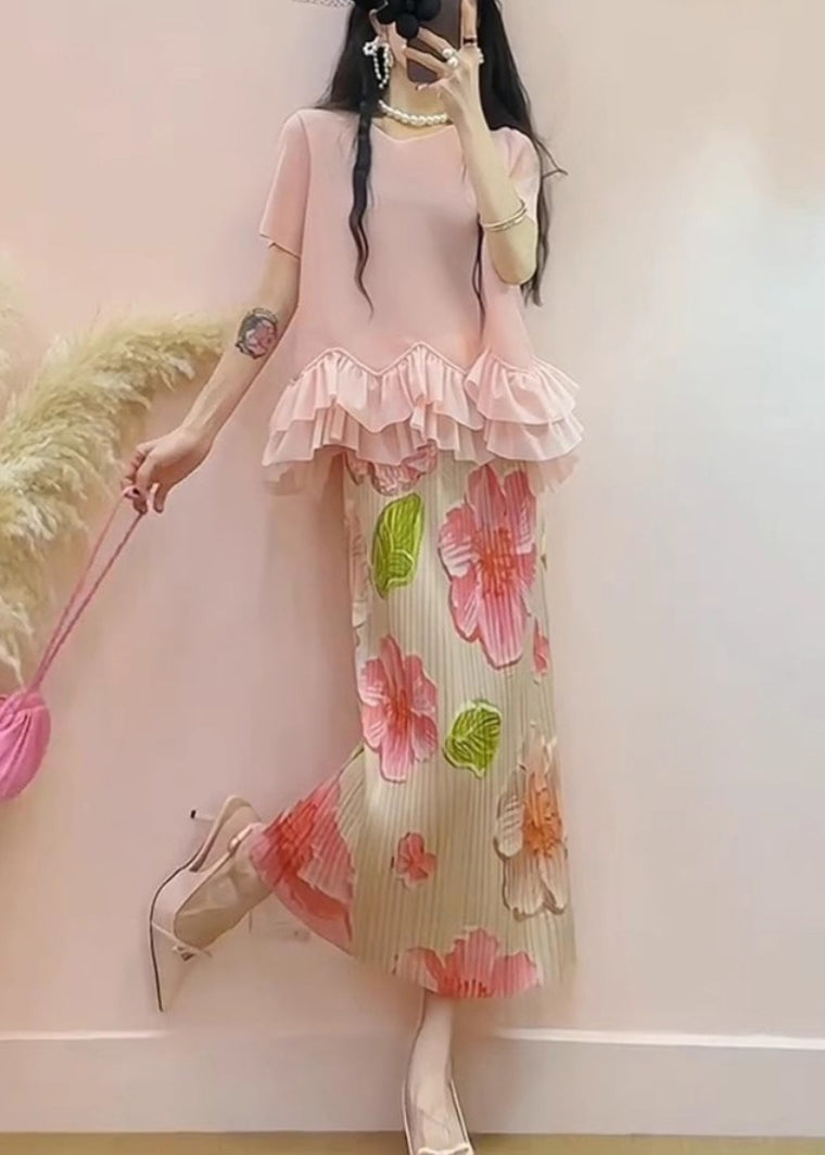 Bohemian Pink Ruffled Patchwork Jacquard Silk Two Pieces Set Summer