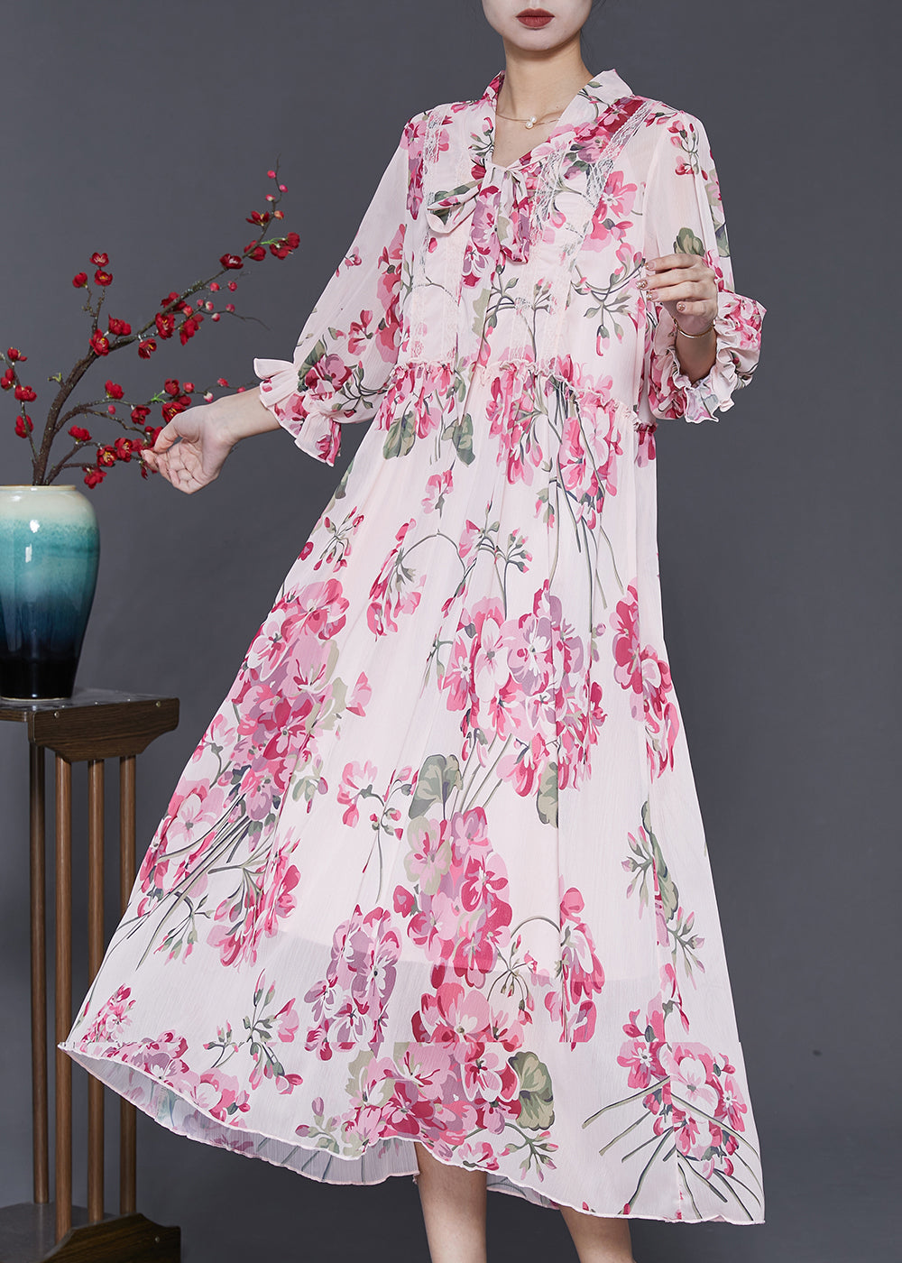 Bohemian Pink Ruffled Print Chiffon Dress Spring