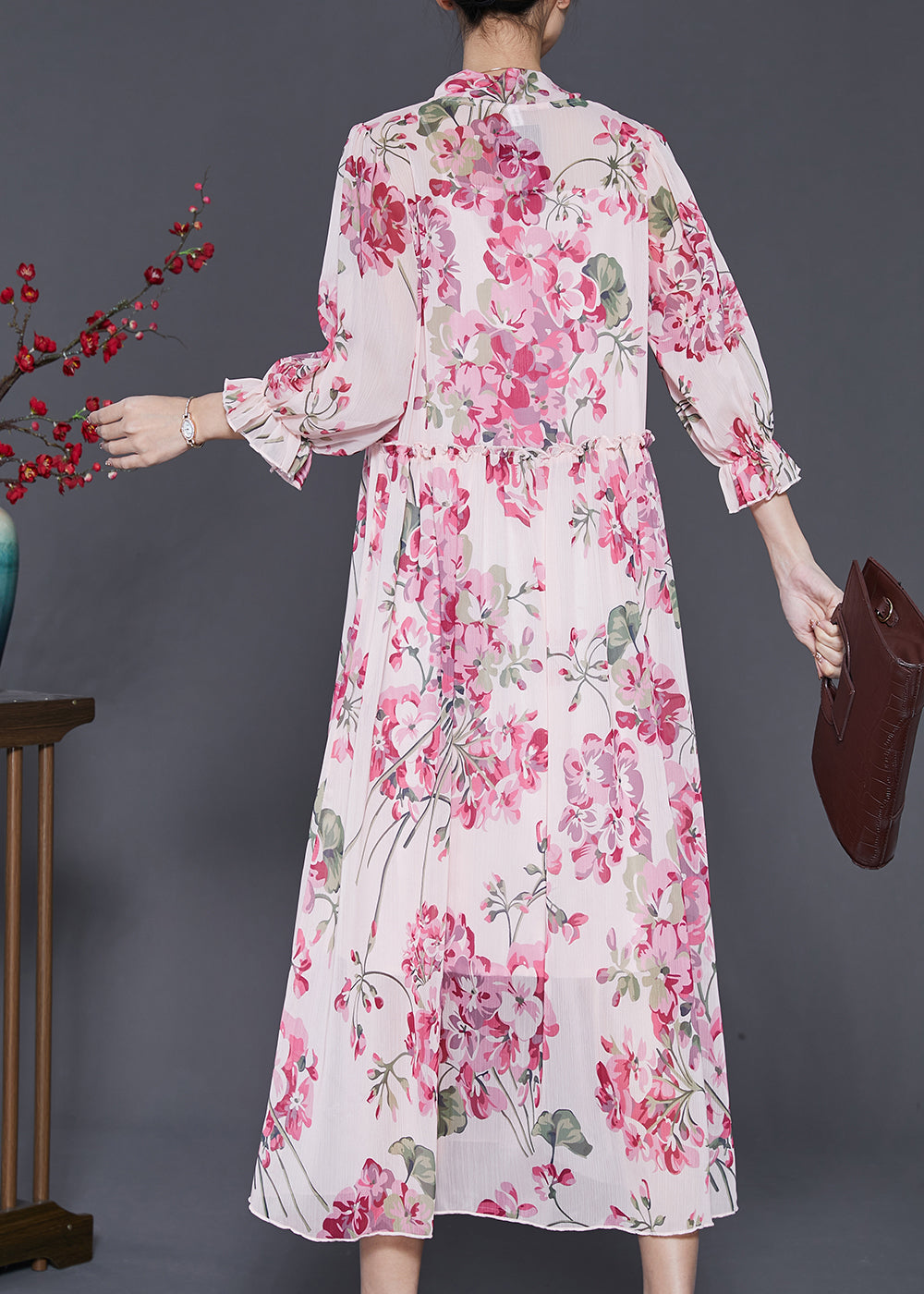 Bohemian Pink Ruffled Print Chiffon Dress Spring