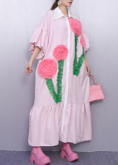 Bohemian Pink Striped Flower Decorated Cotton Dresses Puff Sleeve