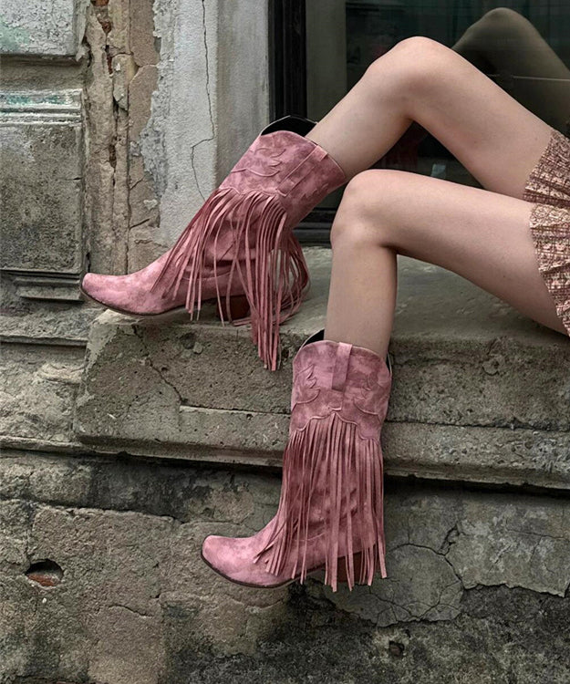Bohemian Pink Suede Splicing Chunky Boots Tassel