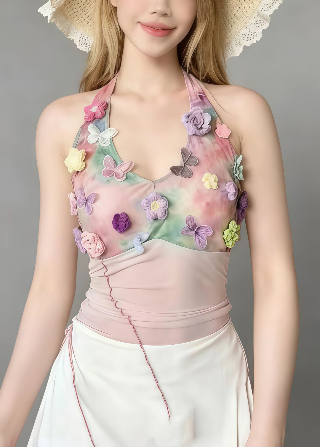 Bohemian Pink Tie Dye Butterfly Decorated Beach Vest Summer