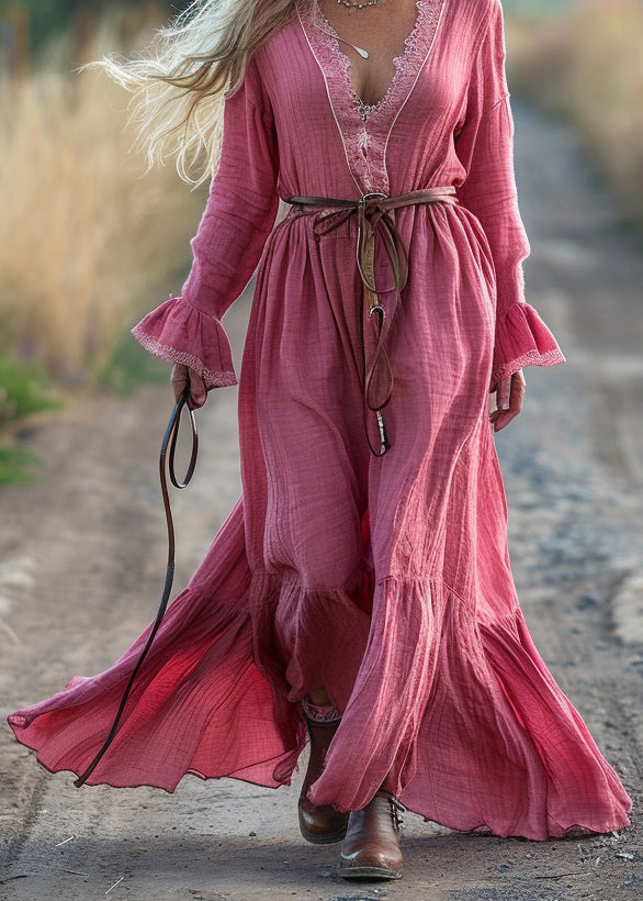 Bohemian Pink V Neck Patchwork Cotton Maxi Dresses Flare Sleeve