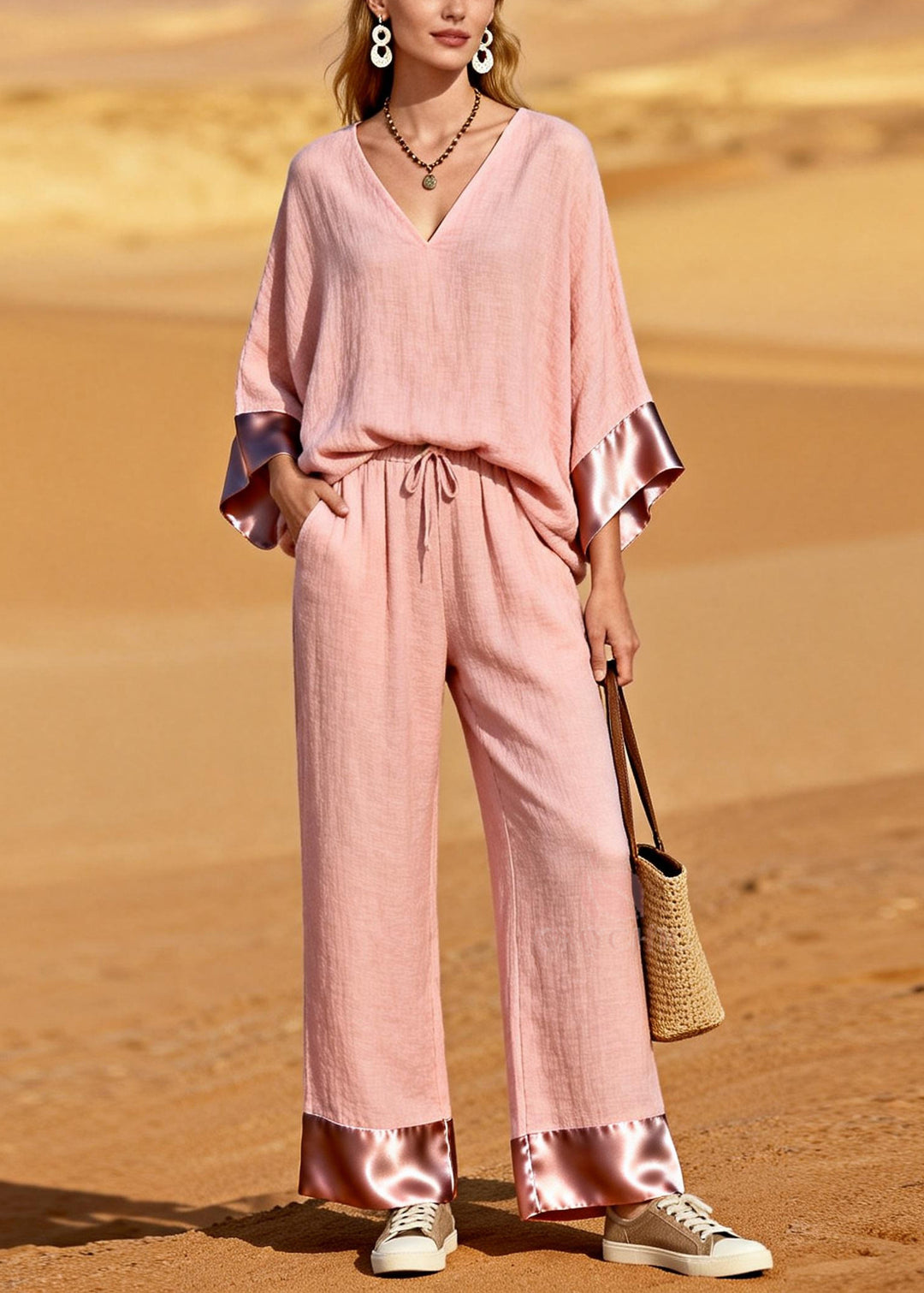 Bohemian Pink V Neck Patchwork Cotton Two Pieces Set Spring