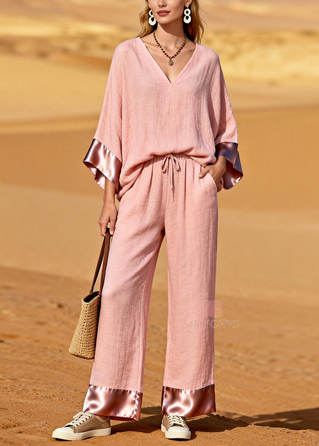 Bohemian Pink V Neck Patchwork Cotton Two Pieces Set Spring