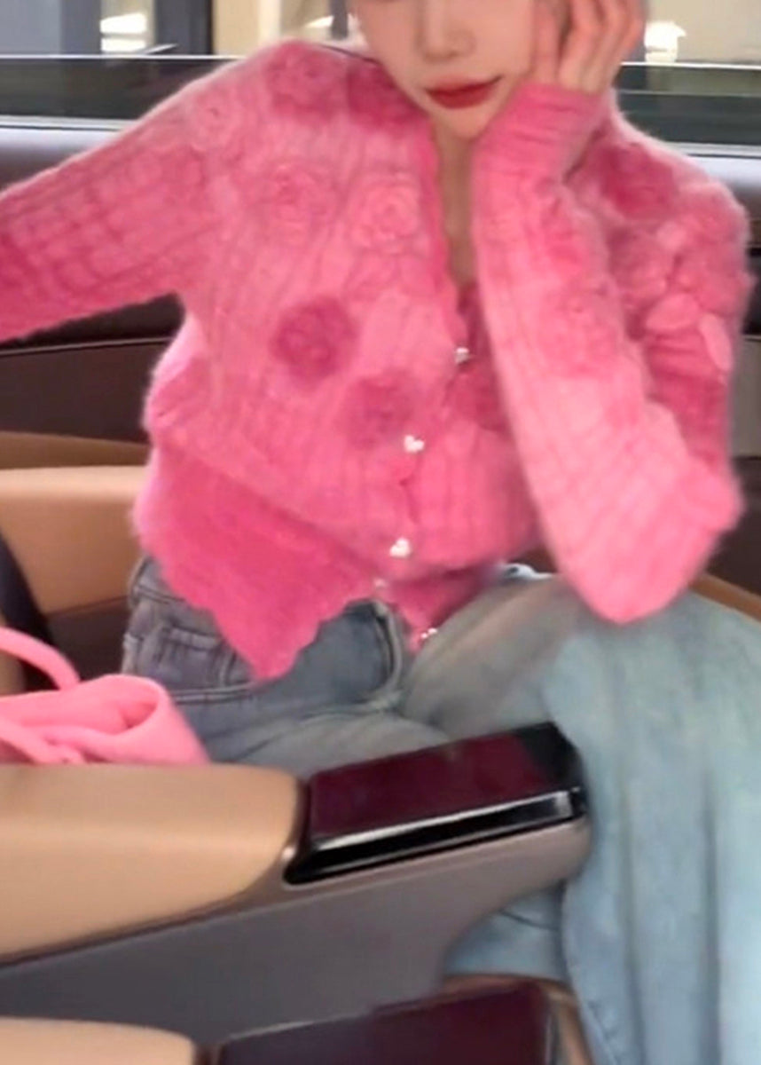 Bohemian Pink V Neck Stereoscopic Floral Knit Cardigan Long Sleeve