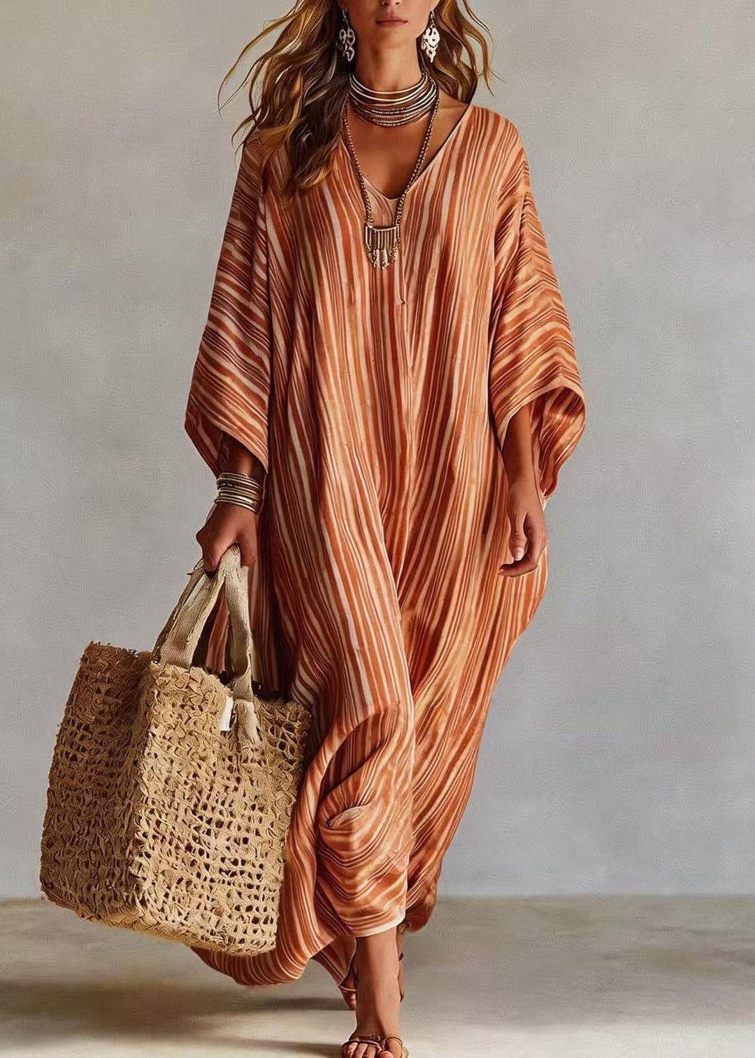 Bohemian Pink V Neck Striped Cotton Long Dress Bracelet Sleeve