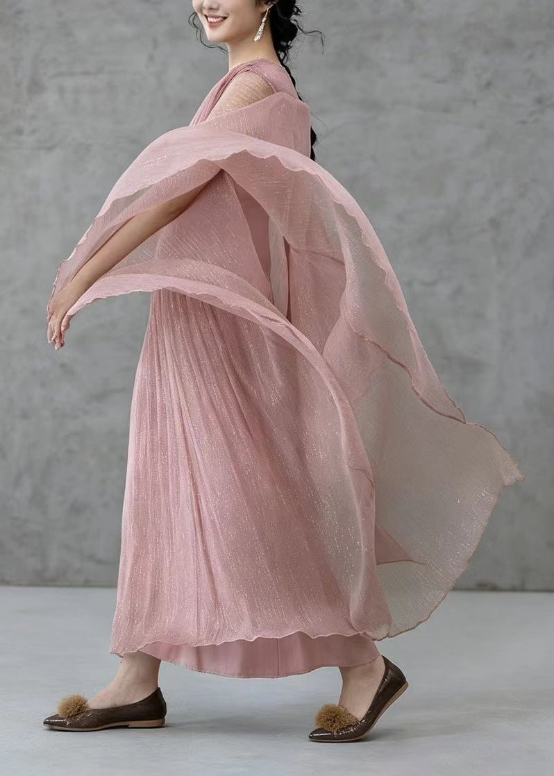 Bohemian Pink V Neck Wrinkled Lurex Vacation Dress Fall