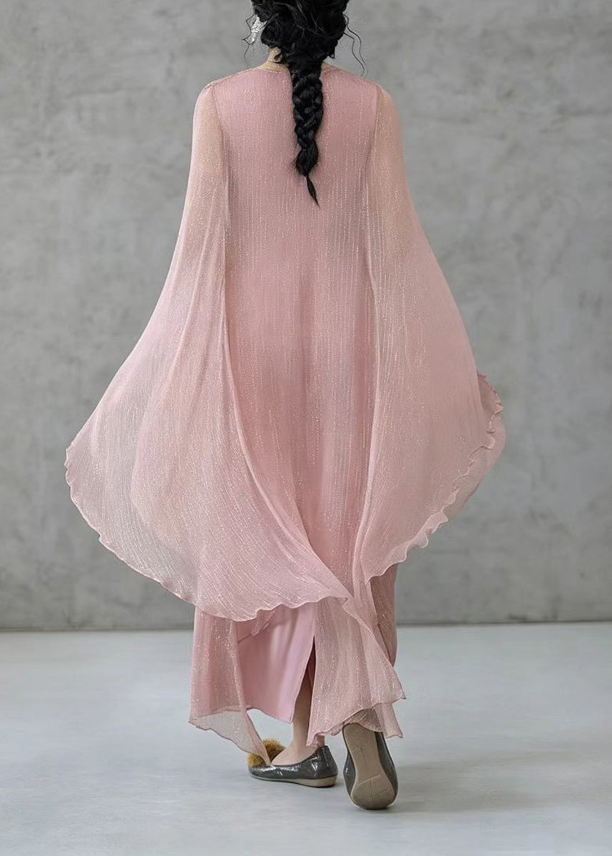 Bohemian Pink V Neck Wrinkled Lurex Vacation Dress Fall