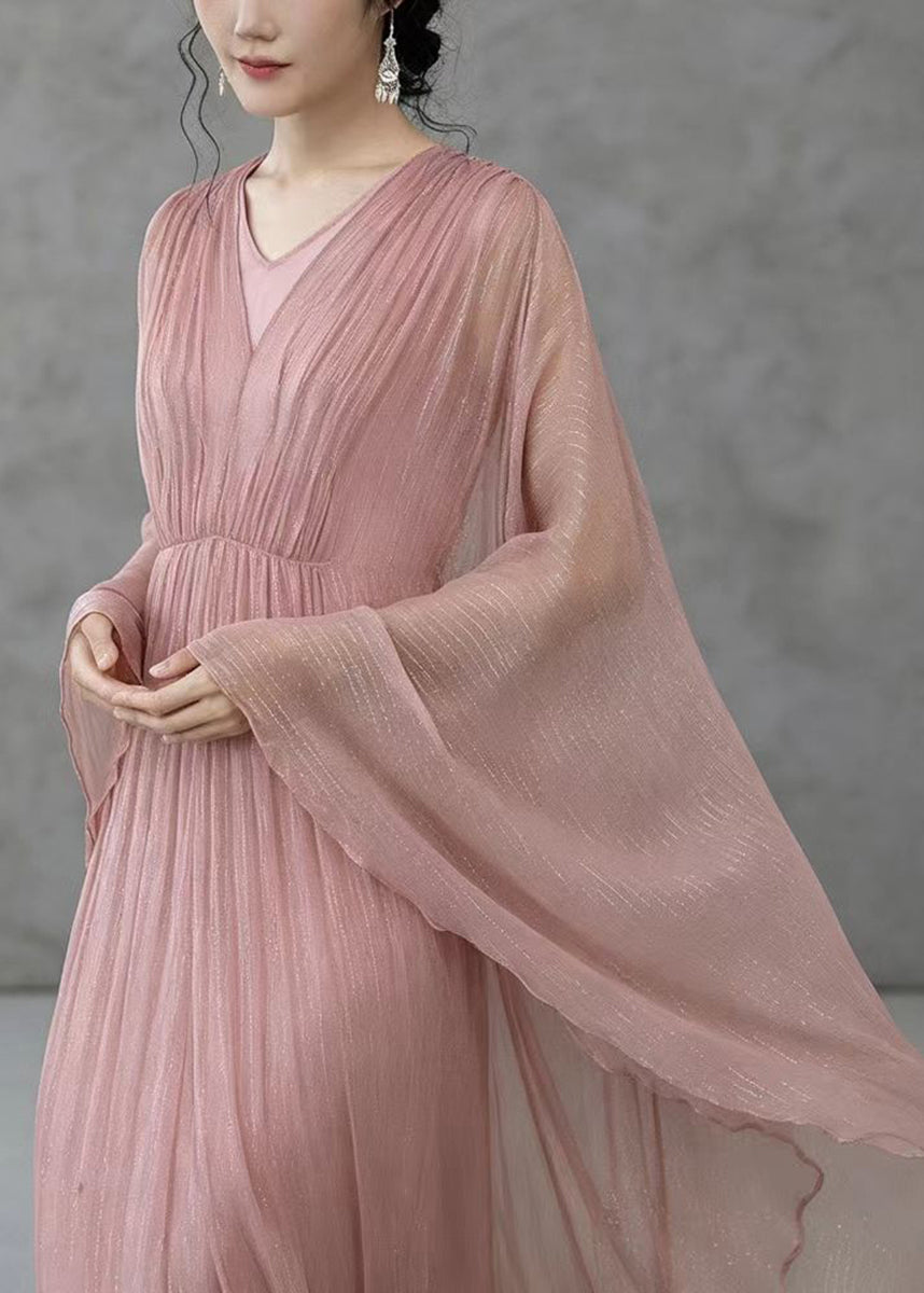 Bohemian Pink V Neck Wrinkled Lurex Vacation Dress Fall