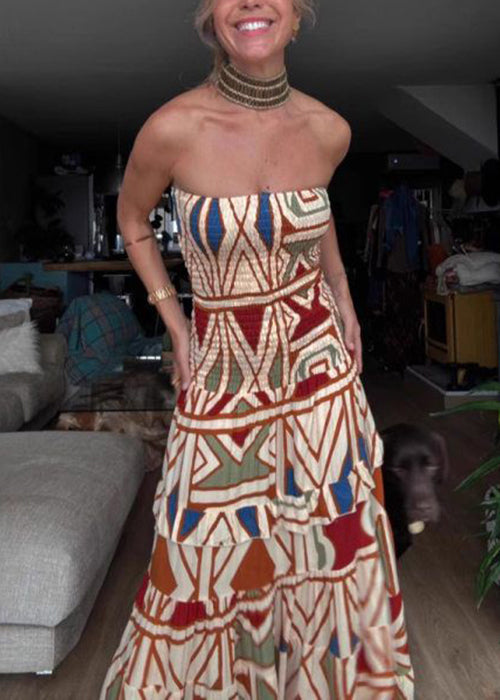 Bohemian Print Cold Shoulder Patchwork Cotton Long Dress Sleeveless