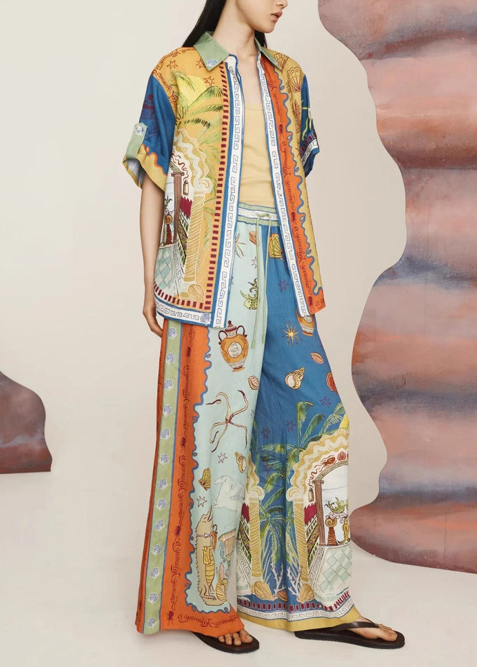 Bohemian Print Elastic Waist Shirts And Wide Leg Pants Two Pieces Set Short Sleeve