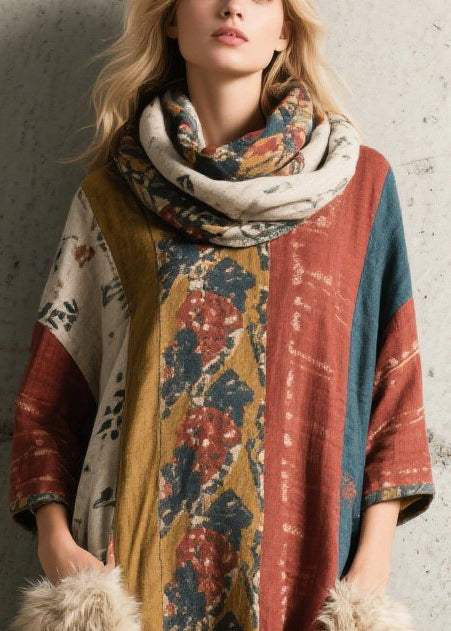 Bohemian Print Patchwork Faux Fur Holiday Dress Bracelet Sleeve