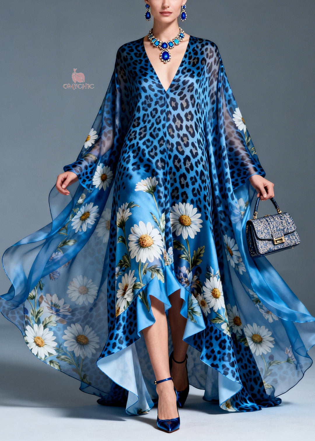 Bohemian Print Ruffled Asymmetrical Design Patchwork Silk Dresses Summer
