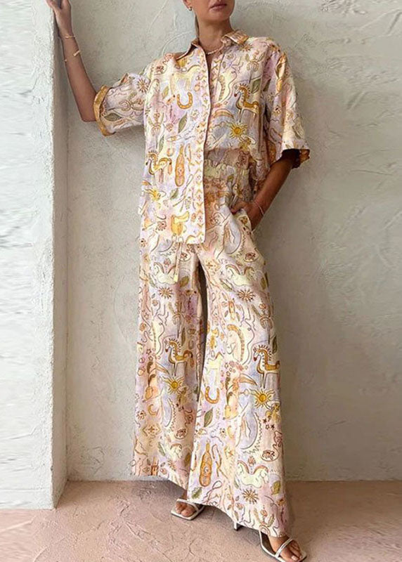 Bohemian Print Shirts And Wide Leg Pants Two Pieces Set Summer