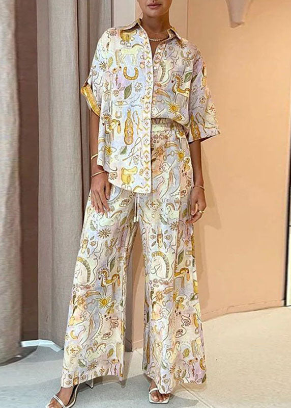 Bohemian Print Shirts And Wide Leg Pants Two Pieces Set Summer