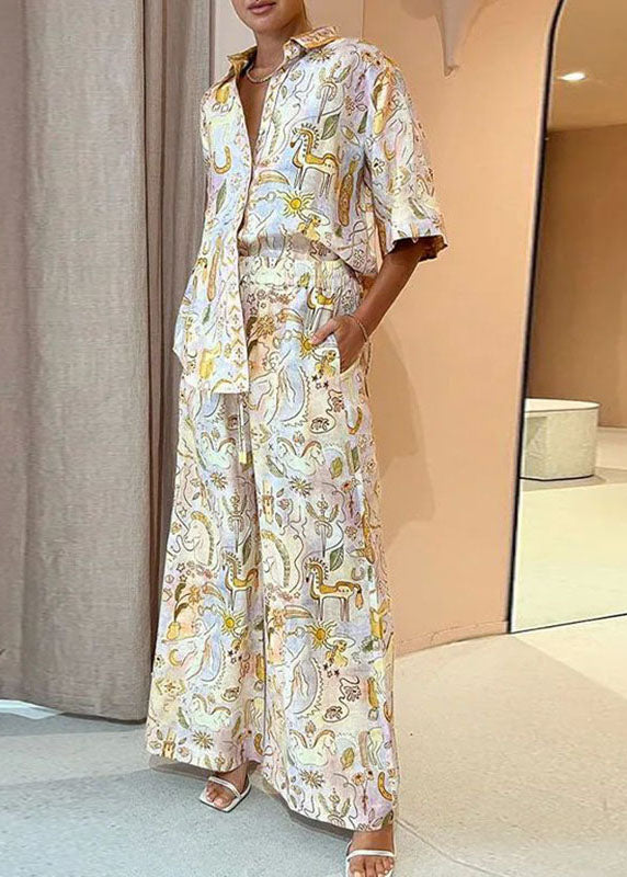 Bohemian Print Shirts And Wide Leg Pants Two Pieces Set Summer