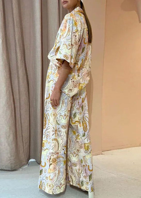 Bohemian Print Shirts And Wide Leg Pants Two Pieces Set Summer