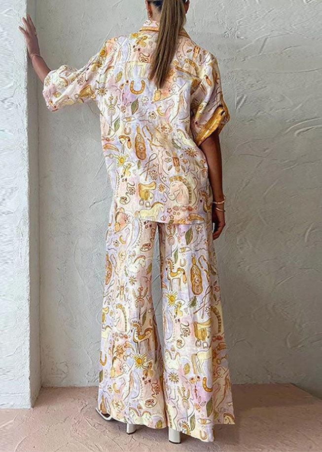Bohemian Print Shirts And Wide Leg Pants Two Pieces Set Summer