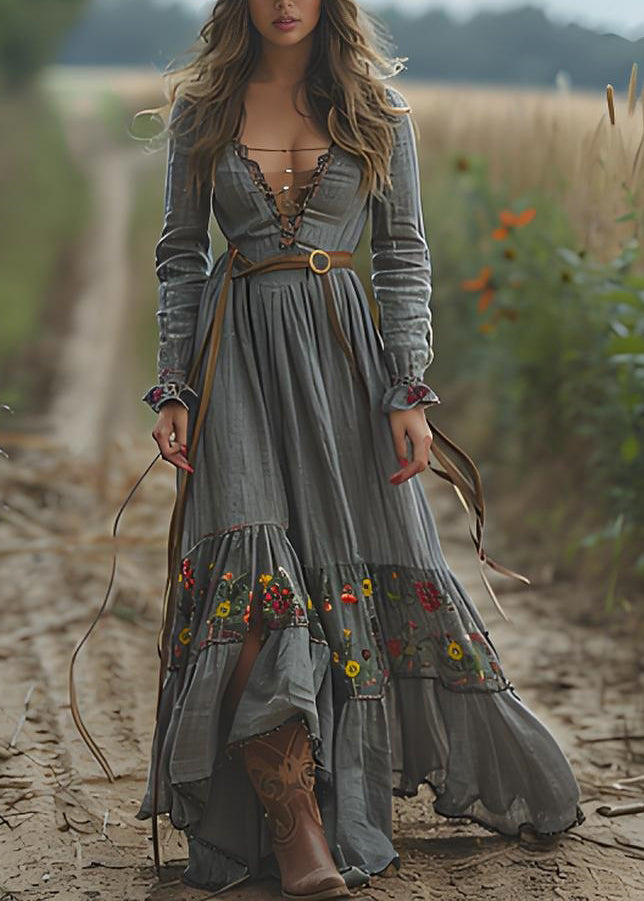 Bohemian Print Wrinkled Patchwork Cotton Long Dresses Spring