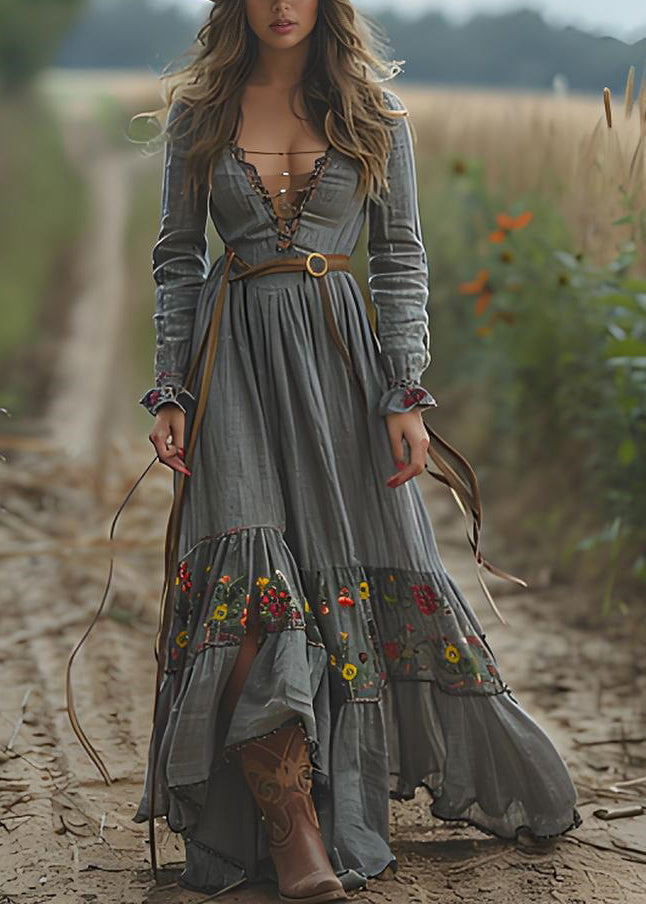 Bohemian Print Wrinkled Patchwork Cotton Long Dresses Spring