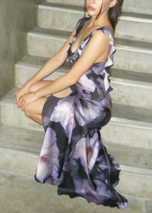 Bohemian Purple Asymmetrical Ruffled Cotton Long Dress Sleeveless