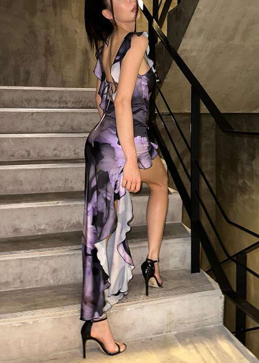 Bohemian Purple Asymmetrical Ruffled Cotton Long Dress Sleeveless