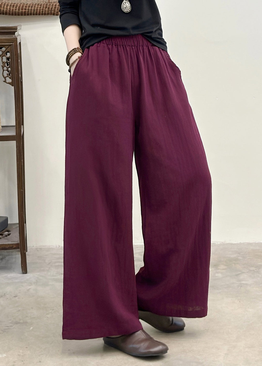 Bohemian Purple Elastic Waist Pockets Linen Pants Summer