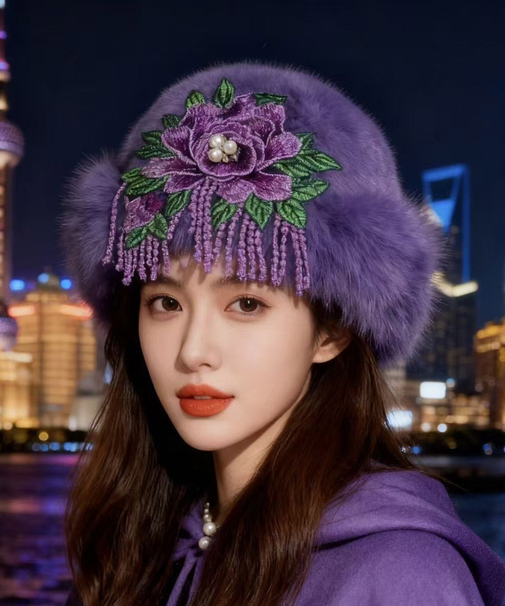 Bohemian Purple Embroidered Faux Fur Bucket Hat