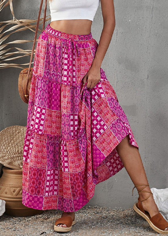 Bohemian Purple Print Ruffled Patchwork A Line Skirt