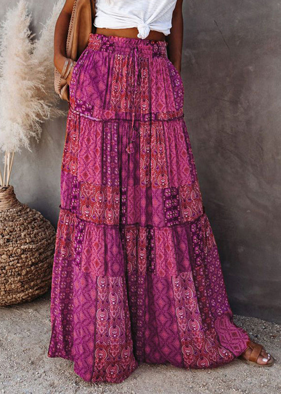 Bohemian Purple Print Ruffled Patchwork A Line Skirt