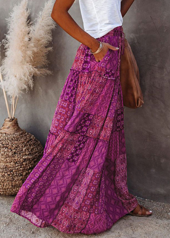 Bohemian Purple Print Ruffled Patchwork A Line Skirt