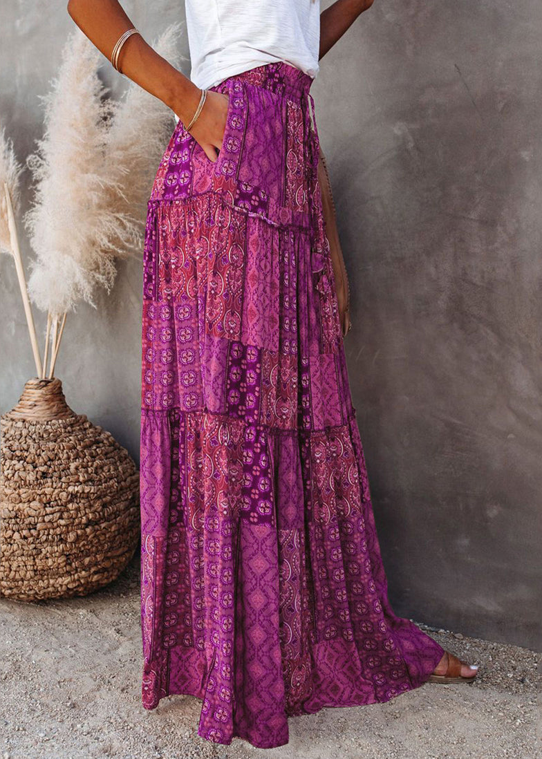 Bohemian Purple Print Ruffled Patchwork A Line Skirt