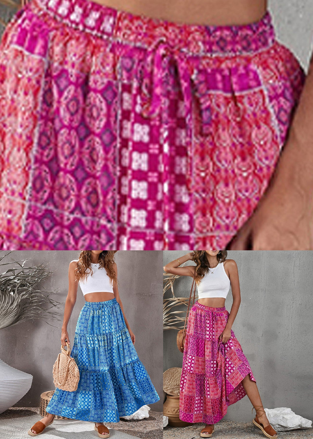 Bohemian Purple Print Ruffled Patchwork A Line Skirt