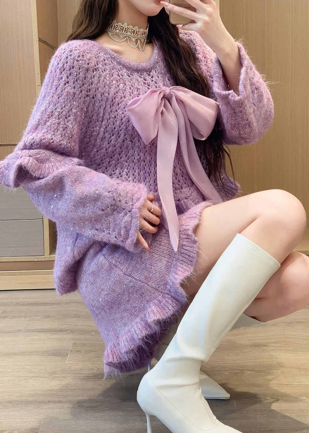 Bohemian Purple Ruffled Bow Knit Two Pieces Set Spring