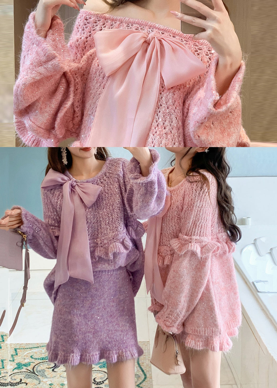 Bohemian Purple Ruffled Bow Knit Two Pieces Set Spring