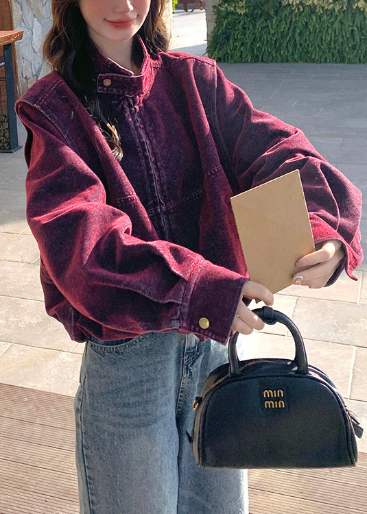 Bohemian Purple Stand Collar Detachable Denim Jacket Spring