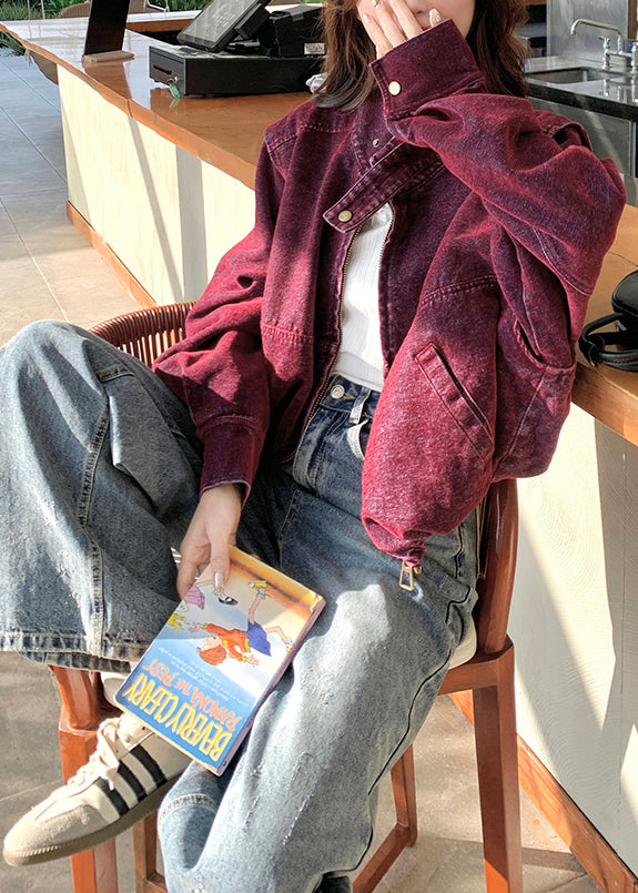 Bohemian Purple Stand Collar Detachable Denim Jacket Spring