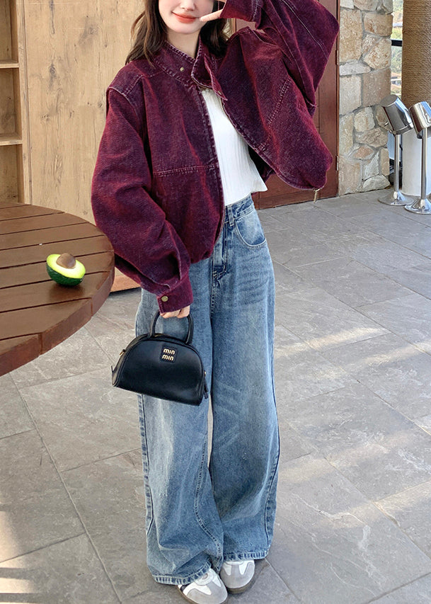 Bohemian Purple Stand Collar Detachable Denim Jacket Spring