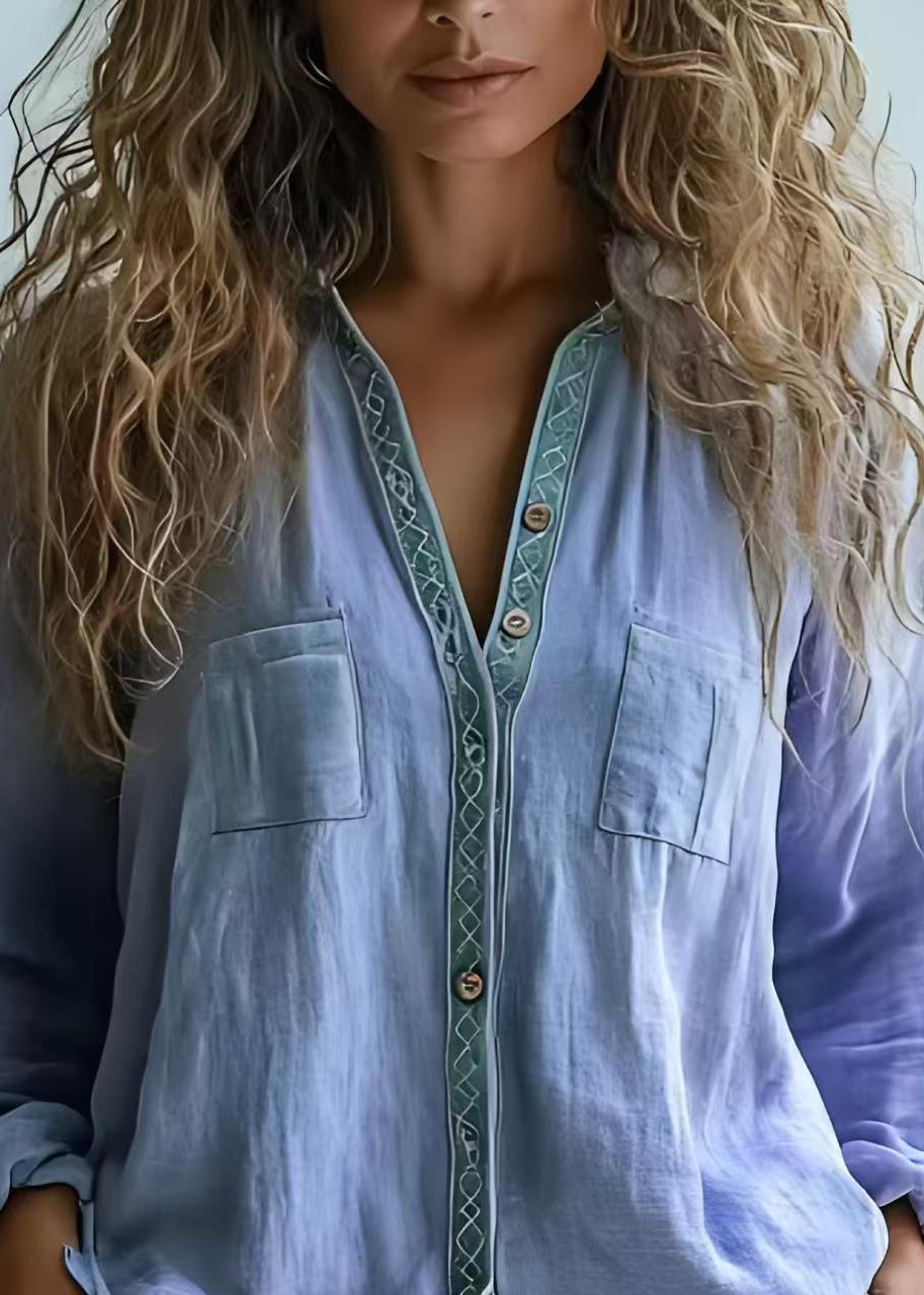 Bohemian Purple V-Neck Print Button Cotton Shirts Tops Spring