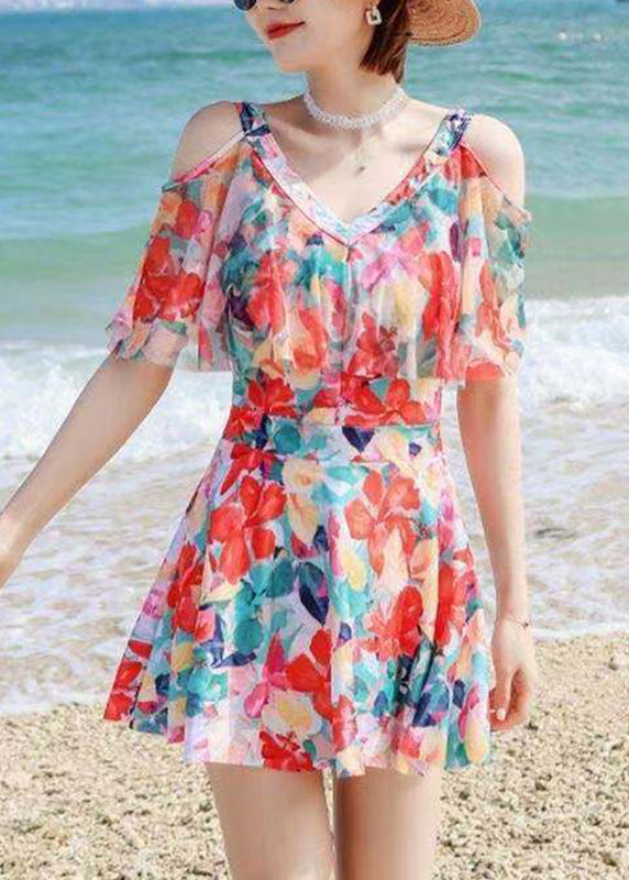 Bohemian Rainbow Cold Shoulder Print Slips Lingerie Set Swimwear