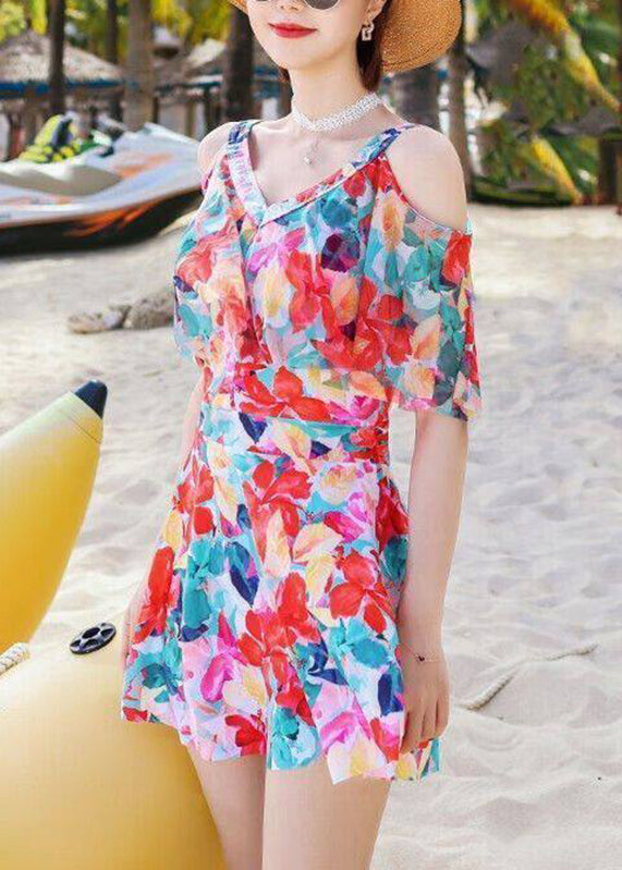 Bohemian Rainbow Cold Shoulder Print Slips Lingerie Set Swimwear