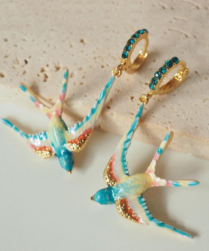 Bohemian Rainbow Copper Alloy Enamel Gem Stone Swallow Drop Earrings