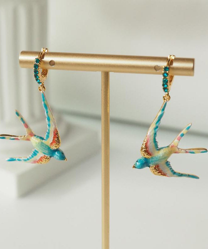 Bohemian Rainbow Copper Alloy Enamel Gem Stone Swallow Drop Earrings