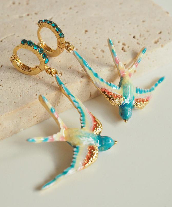 Bohemian Rainbow Copper Alloy Enamel Gem Stone Swallow Drop Earrings