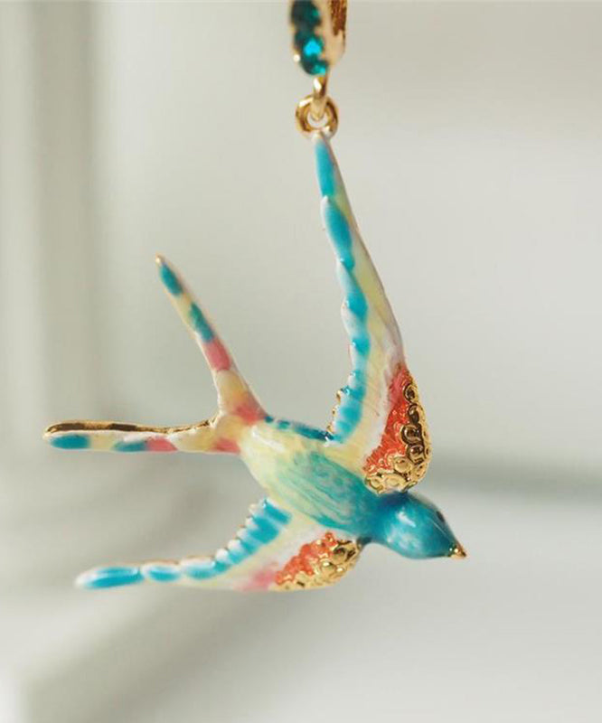 Bohemian Rainbow Copper Alloy Enamel Gem Stone Swallow Drop Earrings