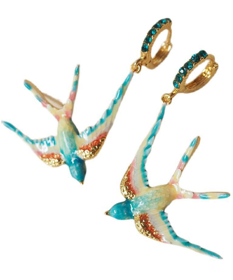 Bohemian Rainbow Copper Alloy Enamel Gem Stone Swallow Drop Earrings