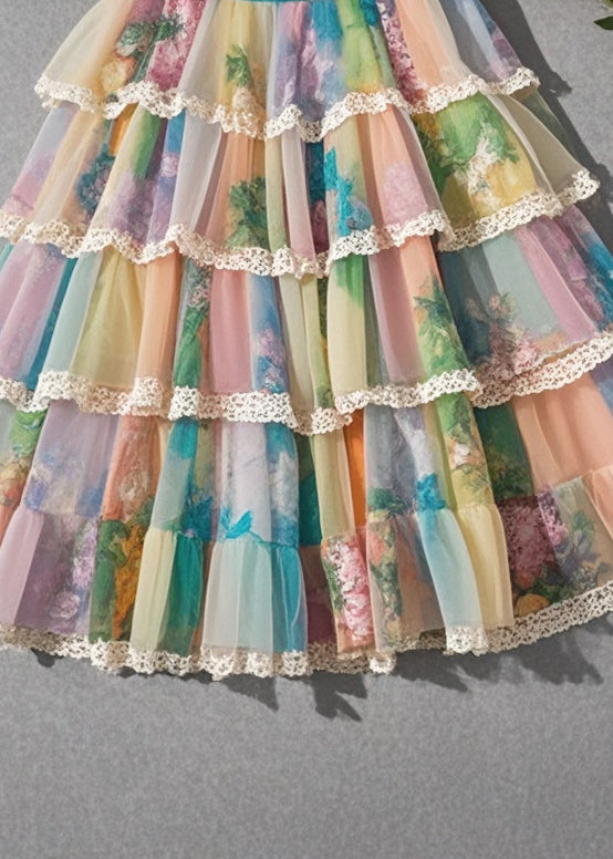 Bohemian Rainbow Print Layered Chiffon Beach Skirt Summer