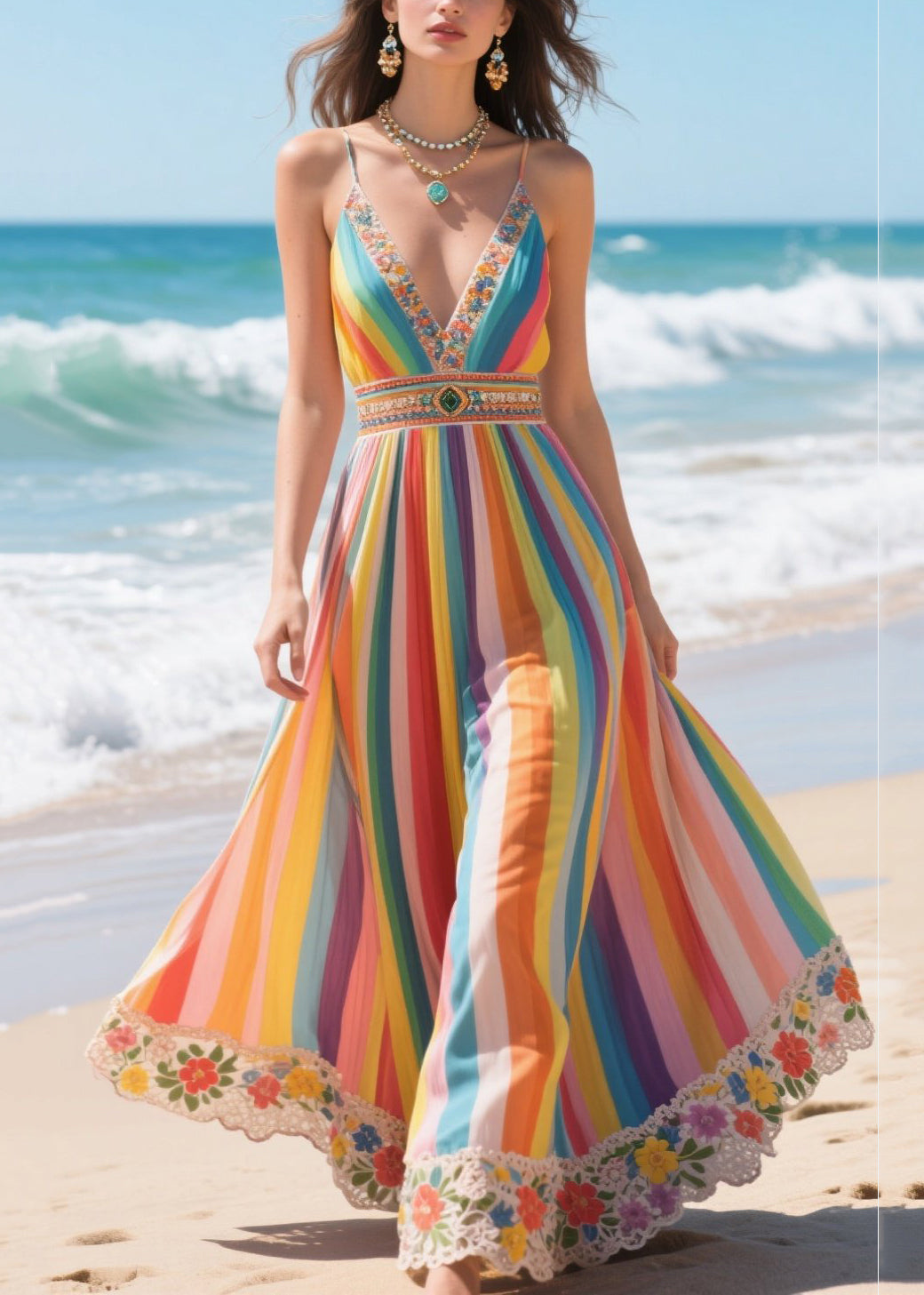 Bohemian Rainbow V Neck Striped Chiffon Spaghetti Strap Dress Summer